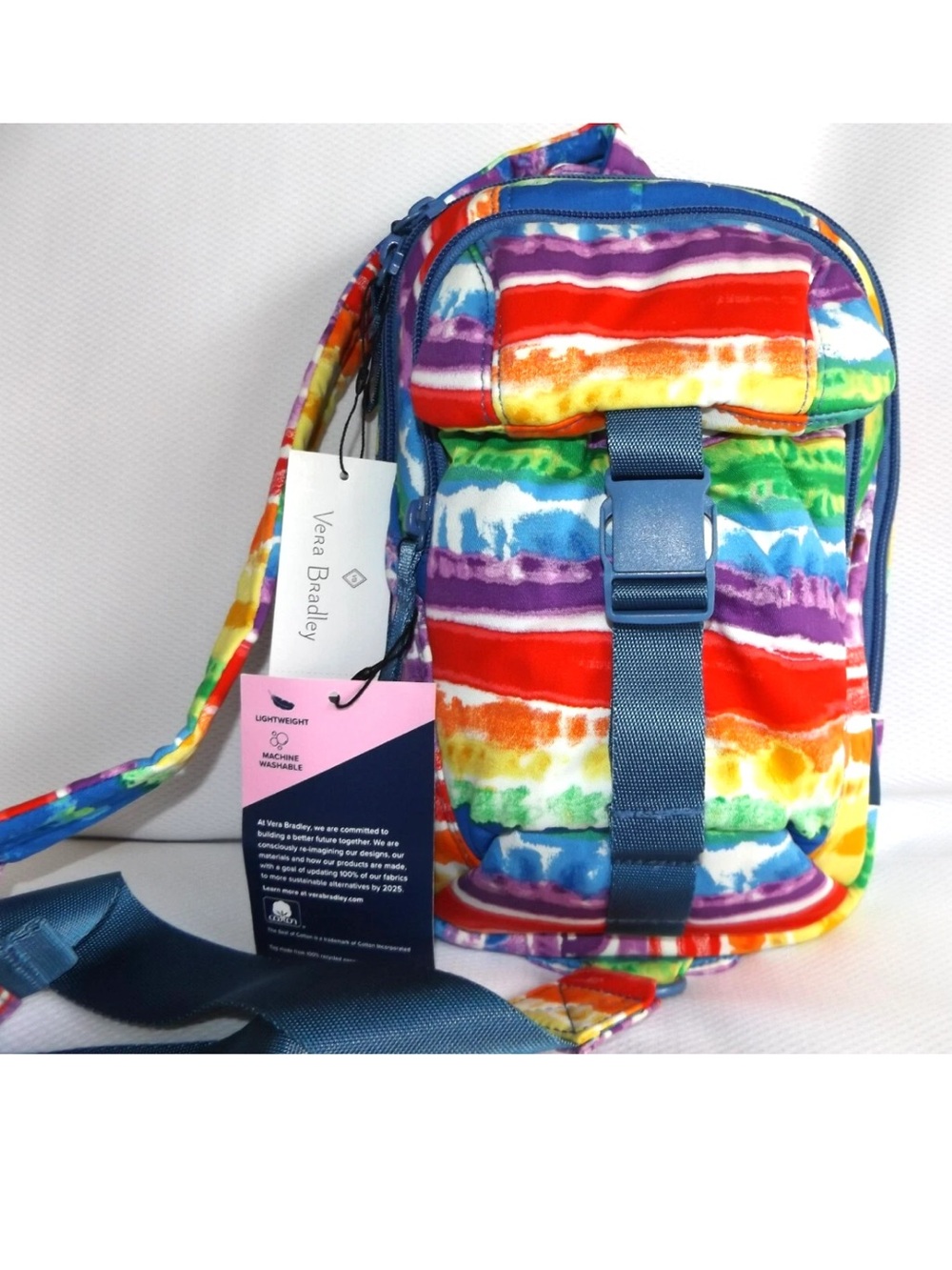 Vera Bradley LOVE Stripe Utility Sling Backpack with Navy Strap